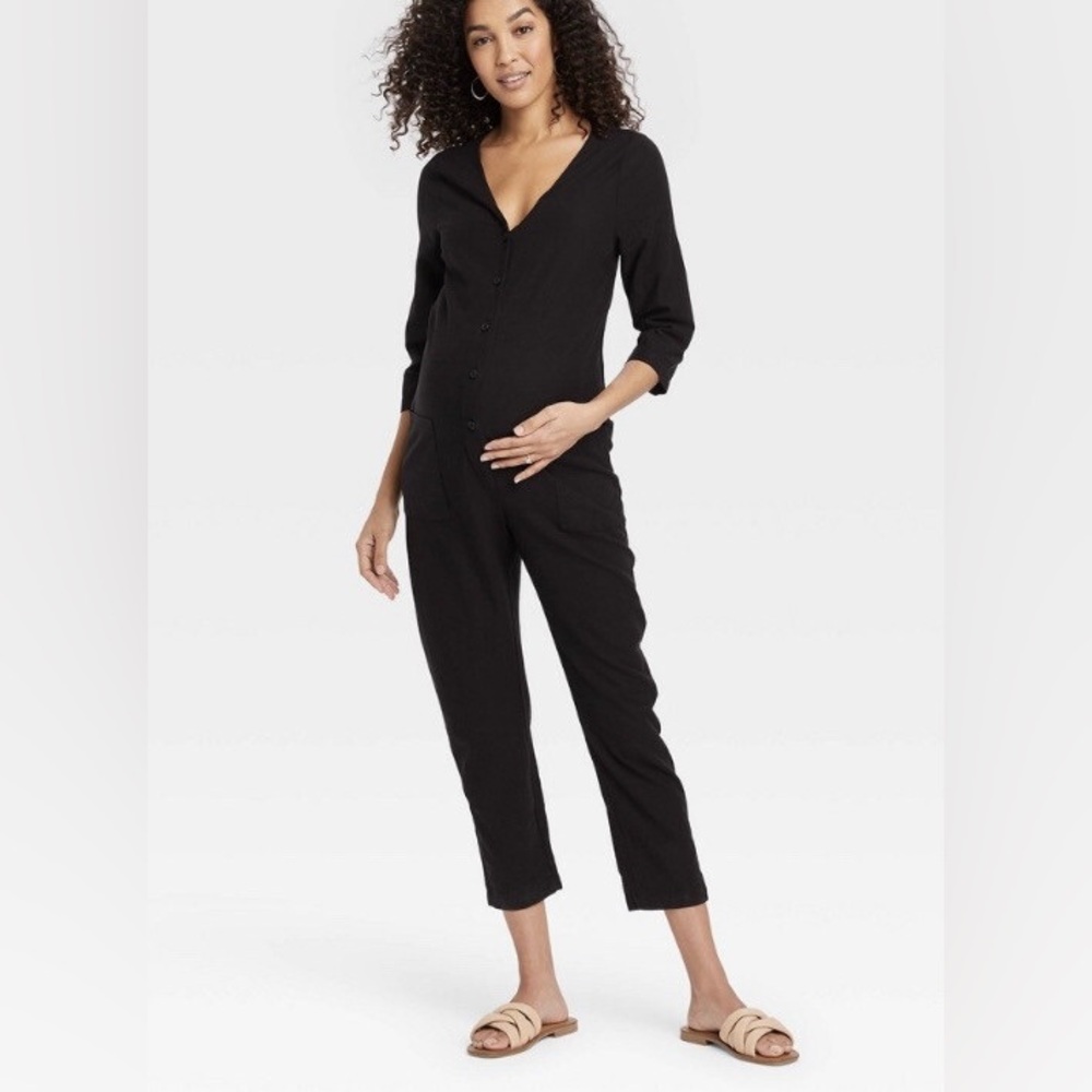 The Nines by HATCH Black 3/4 Sleeve Button-Front Maternity Cropβ Jumpsuit Small
